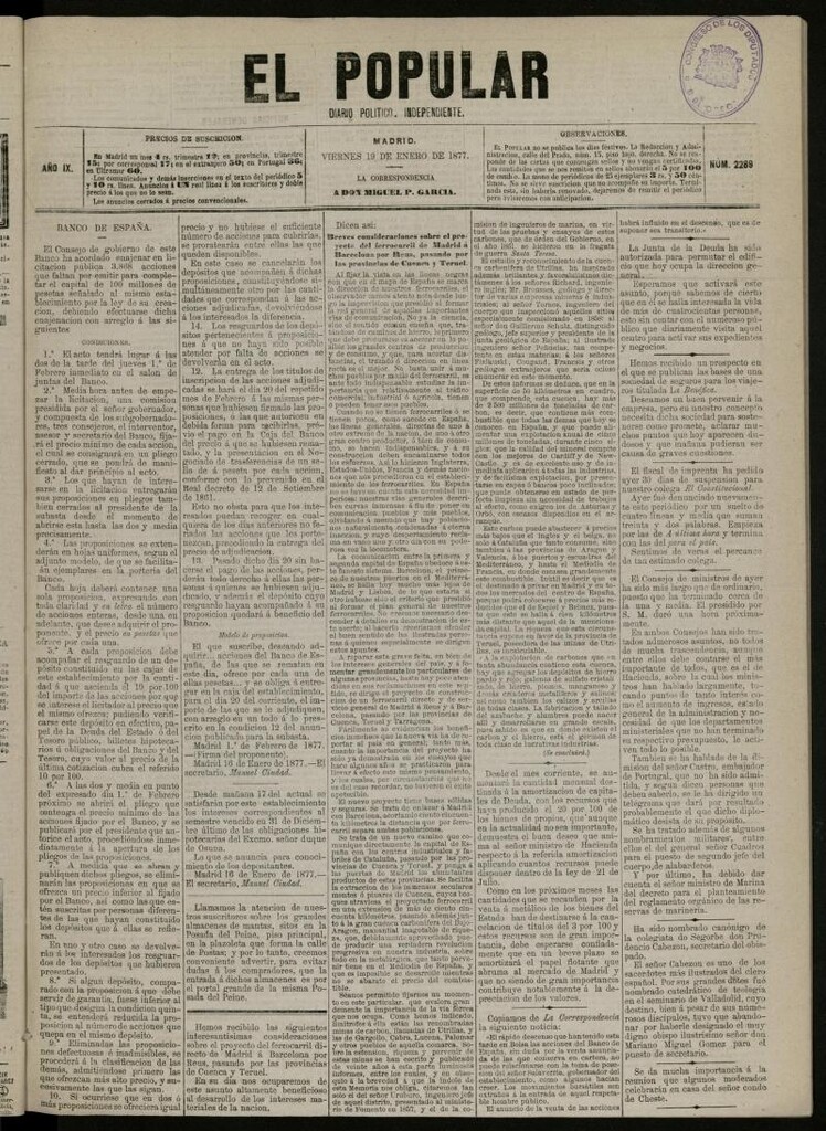 Miniatura de El Popular: diario independiente, político, literario y de noticias de interés general del 19 de enero de 1877, nº 2289