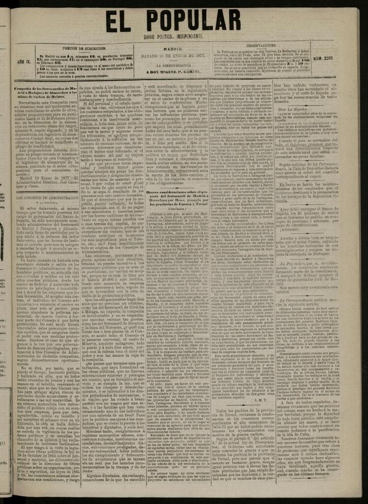 Miniatura de El Popular: diario independiente, político, literario y de noticias de interés general del 20 de enero de 1877, nº 2290