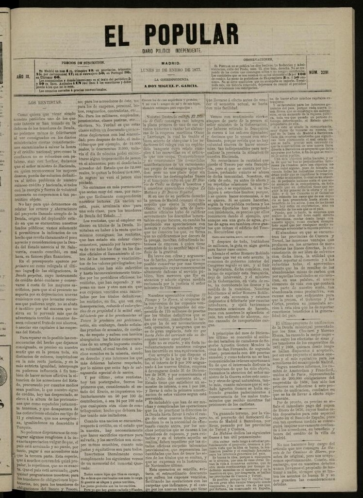 Miniatura de El Popular: diario independiente, político, literario y de noticias de interés general del 22 de enero de 1877, nº 2291