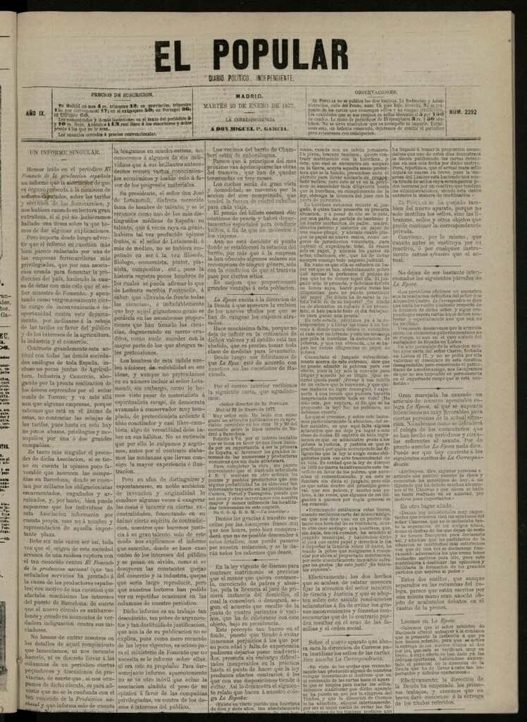 Miniatura de El Popular: diario independiente, político, literario y de noticias de interés general del 23 de enero de 1877, nº 2292