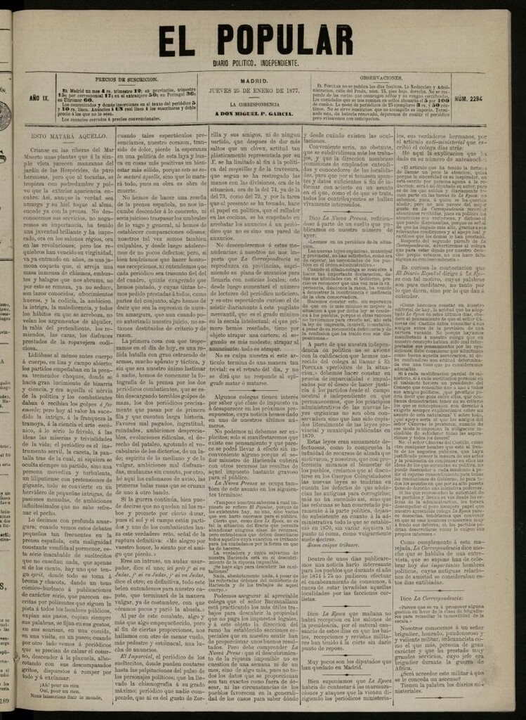 Miniatura de El Popular: diario independiente, político, literario y de noticias de interés general del 25 de enero de 1877, nº 2294