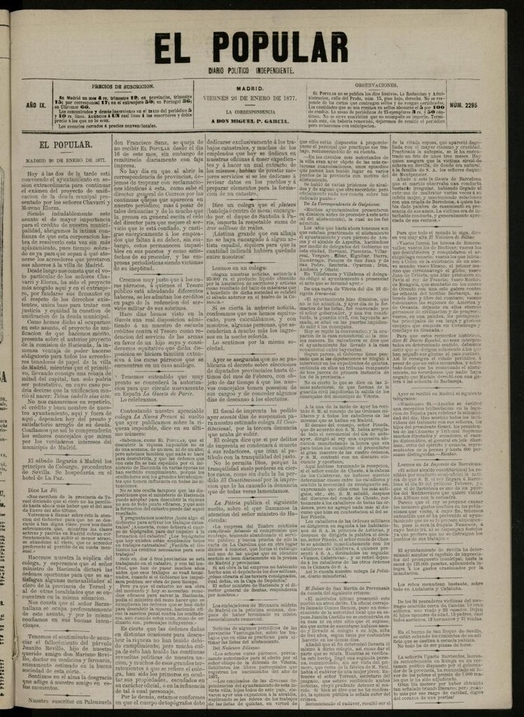 Miniatura de El Popular: diario independiente, político, literario y de noticias de interés general del 26 de enero de 1877, nº 2295