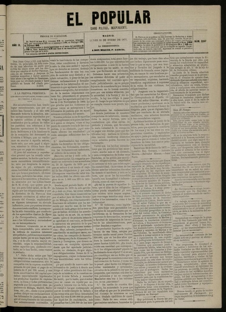 Miniatura de El Popular: diario independiente, político, literario y de noticias de interés general del 29 de enero de 1877, nº 2297