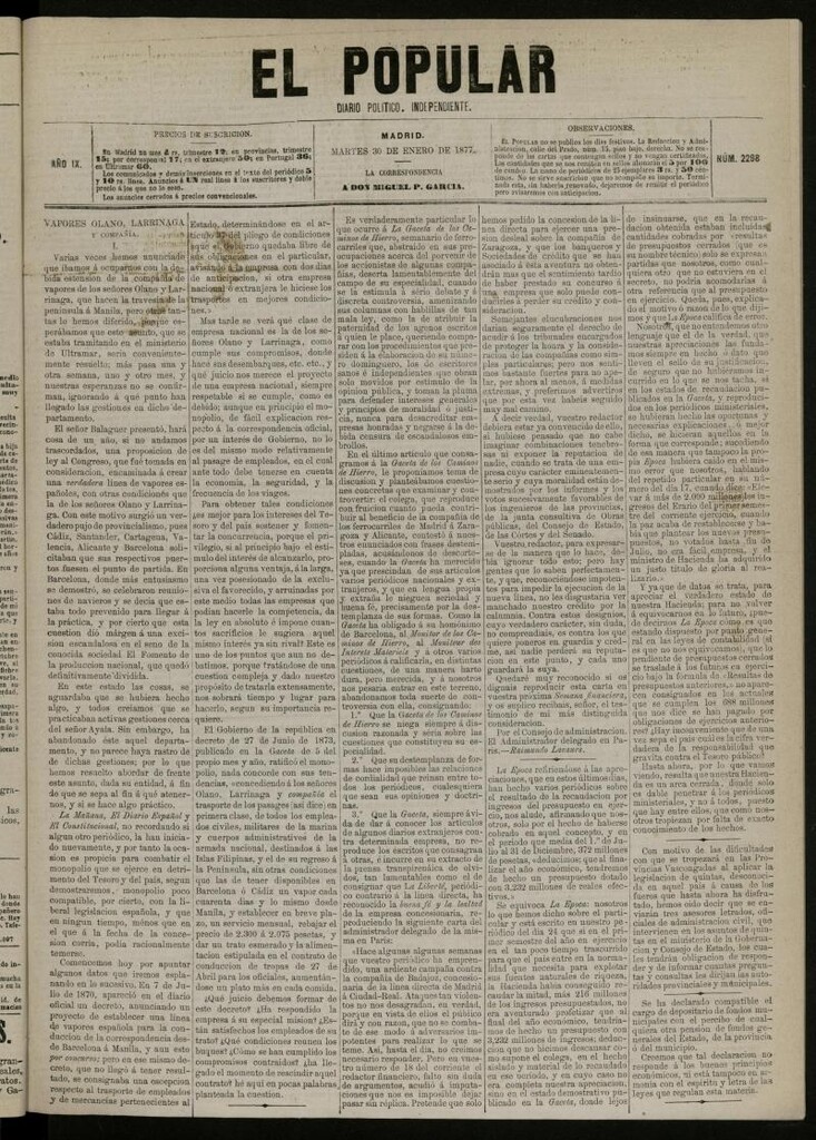 Miniatura de El Popular: diario independiente, político, literario y de noticias de interés general del 30 de enero de 1877, nº 2298