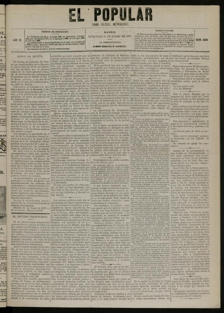 Miniatura de El Popular: diario independiente, político, literario y de noticias de interés general del 31 de enero de 1877, nº 2299