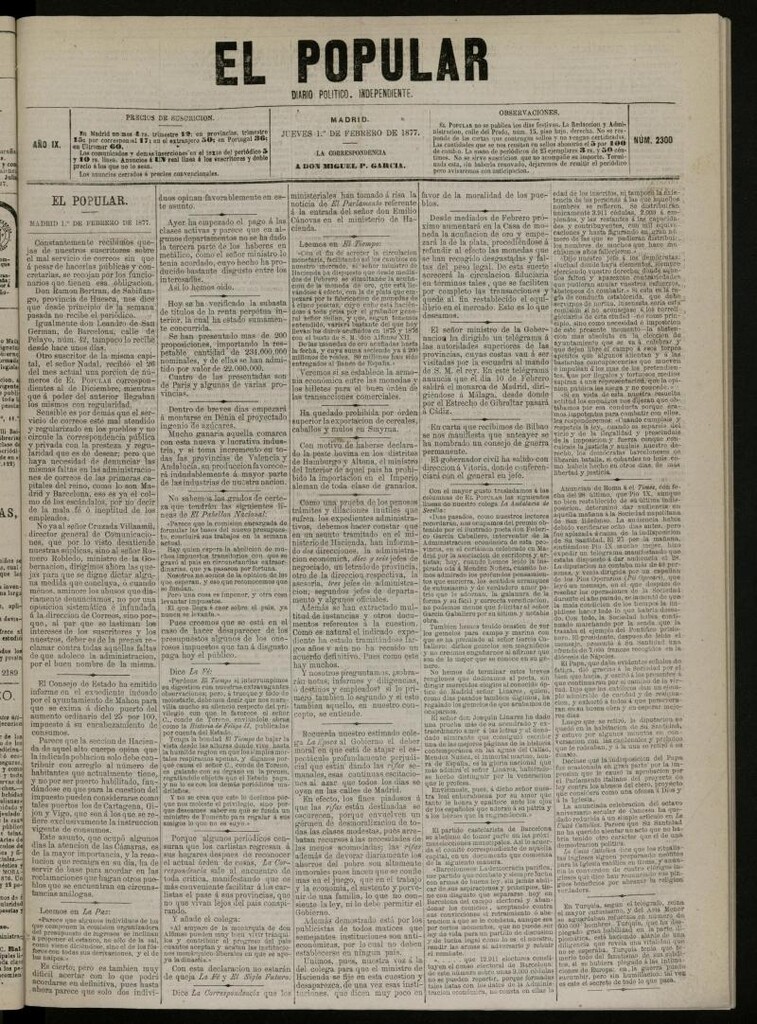 Miniatura de El Popular: diario independiente, político, literario y de noticias de interés general del 1 de febrero de 1877, nº 2300