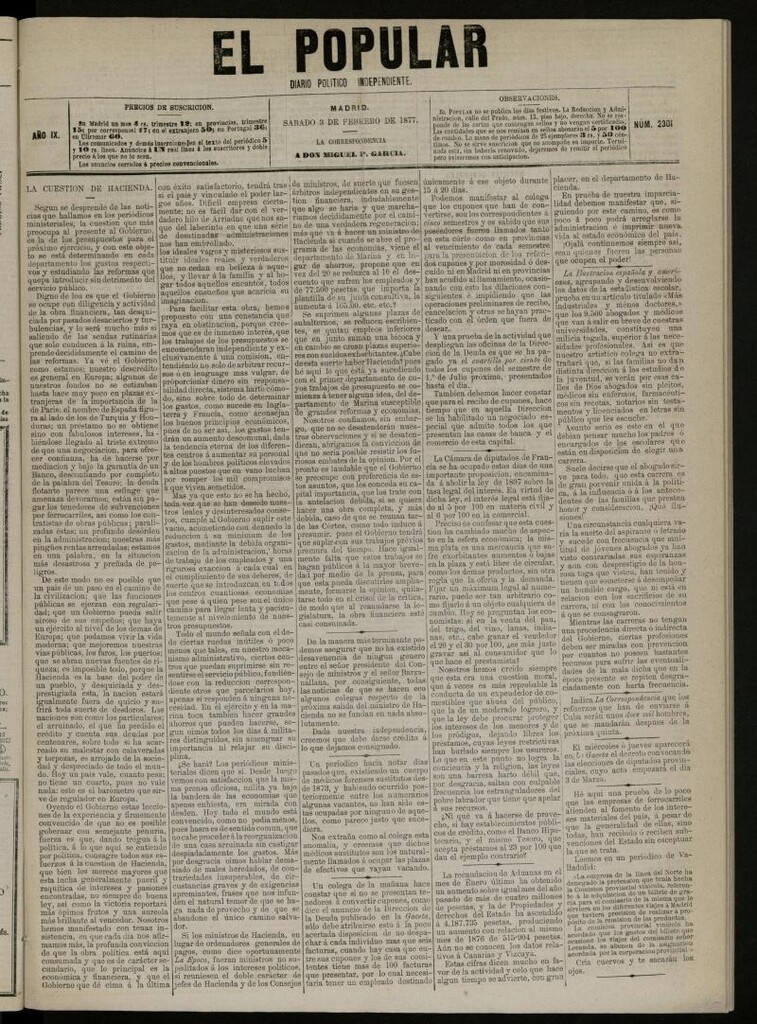 Miniatura de El Popular: diario independiente, político, literario y de noticias de interés general del 3 de febrero de 1877, nº 2301