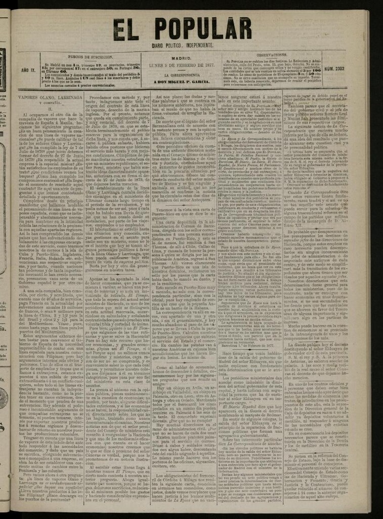 Miniatura de El Popular: diario independiente, político, literario y de noticias de interés general del 5 de febrero de 1877, nº 2302