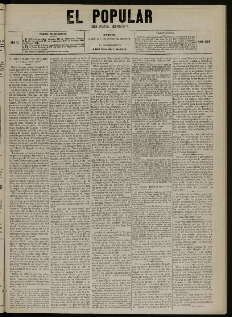 Miniatura de El Popular: diario independiente, político, literario y de noticias de interés general del 6 de febrero de 1877, nº 2303
