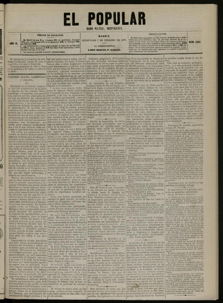 Miniatura de El Popular: diario independiente, político, literario y de noticias de interés general del 7 de febrero de 1877, nº 2304
