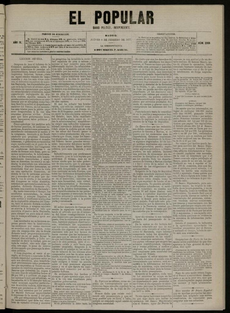 Miniatura de El Popular: diario independiente, político, literario y de noticias de interés general del 8 de febrero de 1877, nº 2305