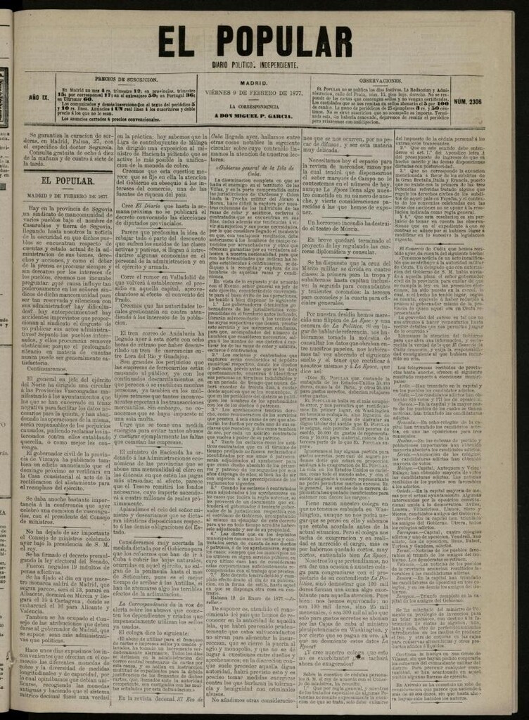 Miniatura de El Popular: diario independiente, político, literario y de noticias de interés general del 9 de febrero de 1877, nº 2306