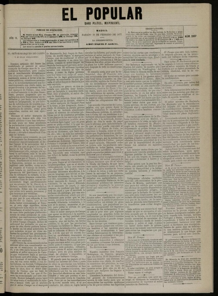 Miniatura de El Popular: diario independiente, político, literario y de noticias de interés general del 10 de febrero de 1877, nº 2307