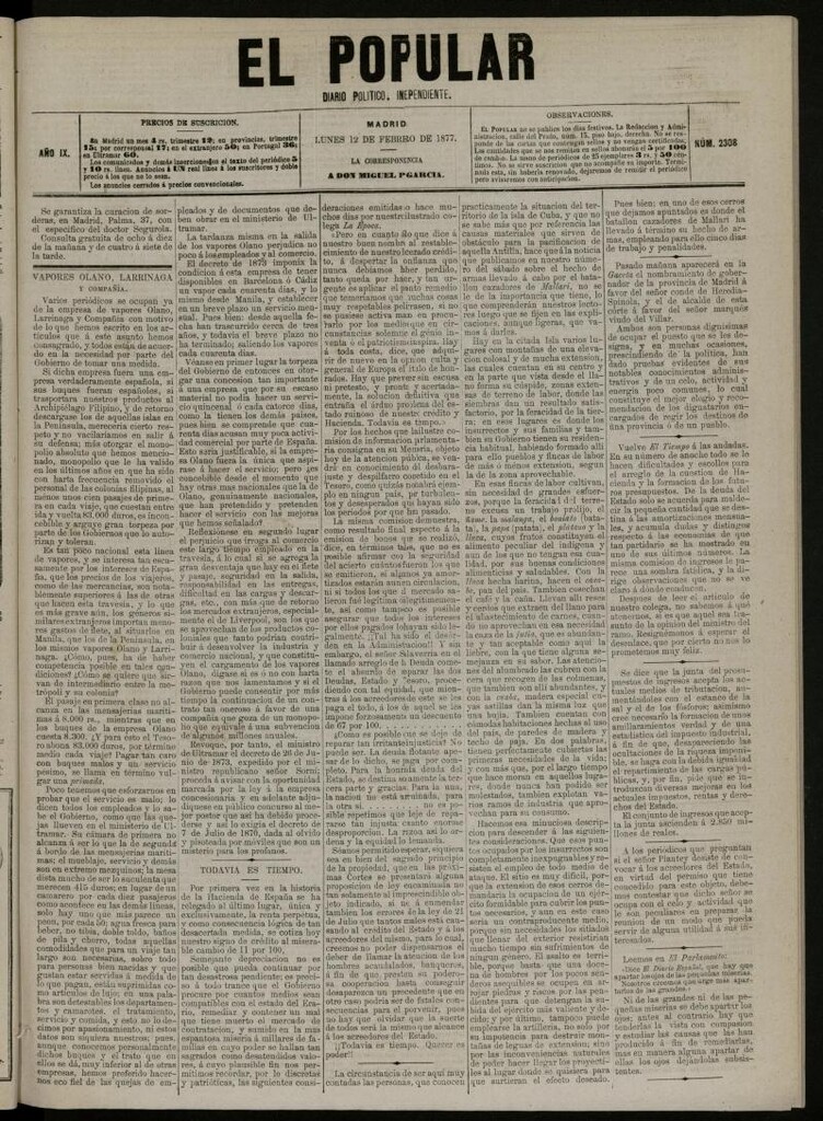 Miniatura de El Popular: diario independiente, político, literario y de noticias de interés general del 12 de febrero de 1877, nº 2308