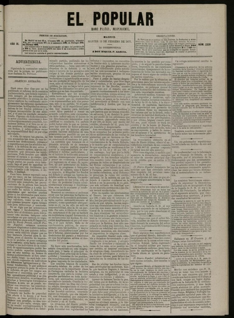 Miniatura de El Popular: diario independiente, político, literario y de noticias de interés general del 13 de febrero de 1877, nº 2309