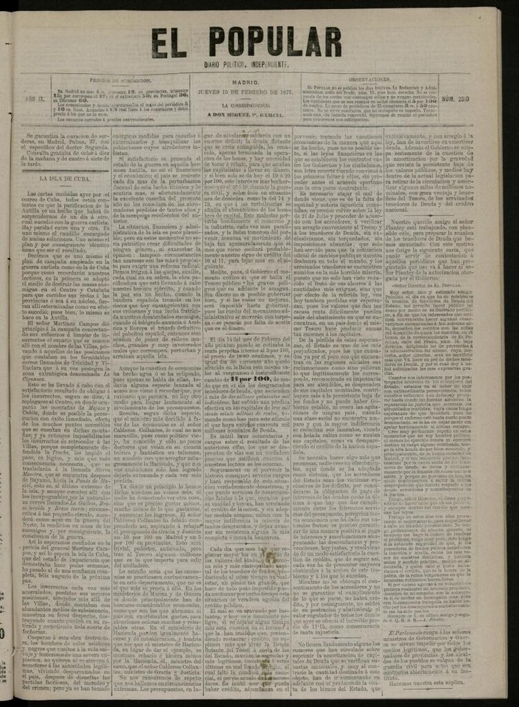 Miniatura de El Popular: diario independiente, político, literario y de noticias de interés general del 15 de febrero de 1877, nº 2310