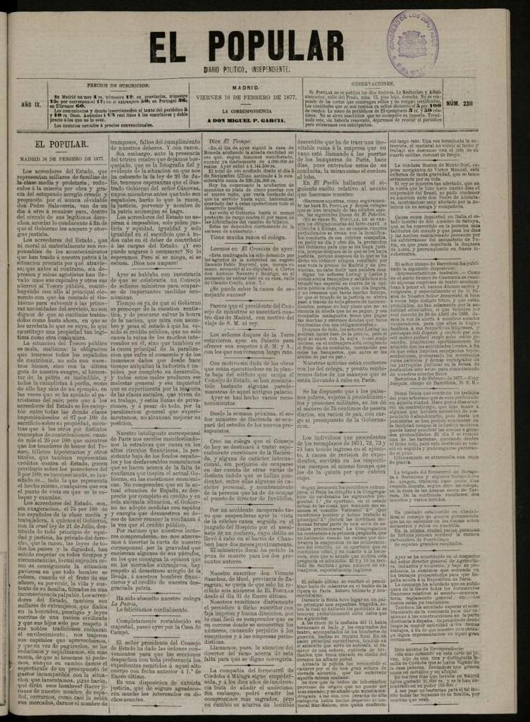 Miniatura de El Popular: diario independiente, político, literario y de noticias de interés general del 16 de febrero de 1877, nº 2311