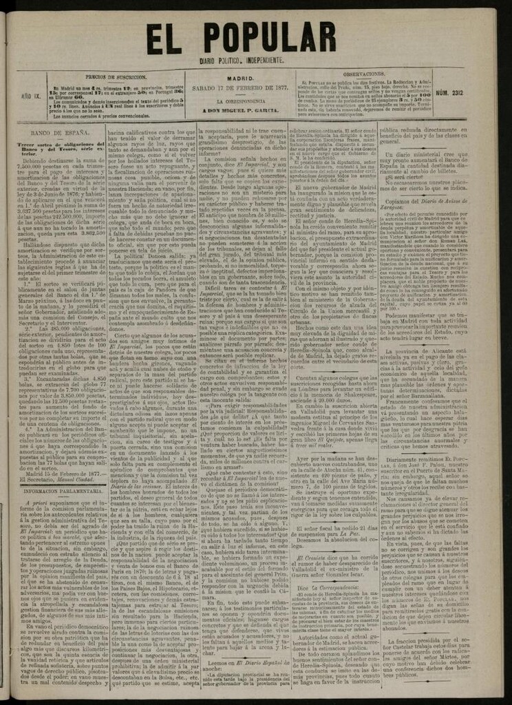 Miniatura de El Popular: diario independiente, político, literario y de noticias de interés general del 17 de febrero de 1877, nº 2312