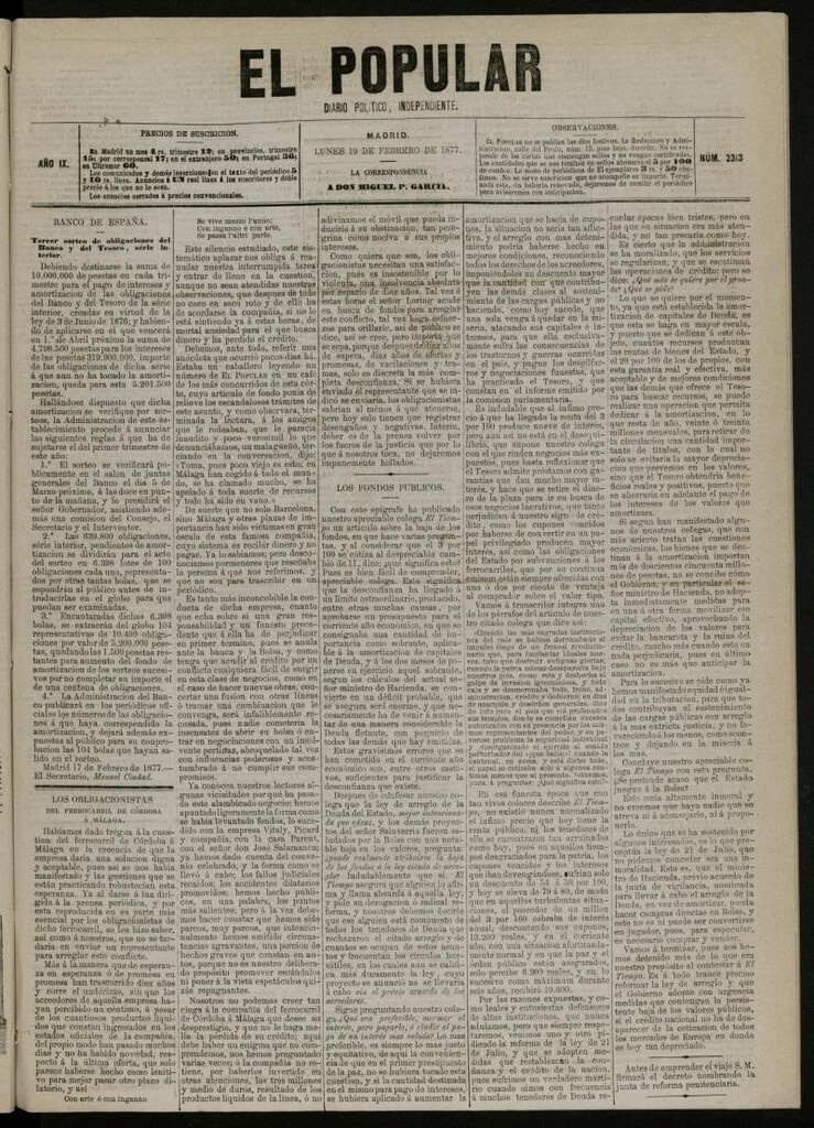 Miniatura de El Popular: diario independiente, político, literario y de noticias de interés general del 19 de febrero de 1877, nº 2313