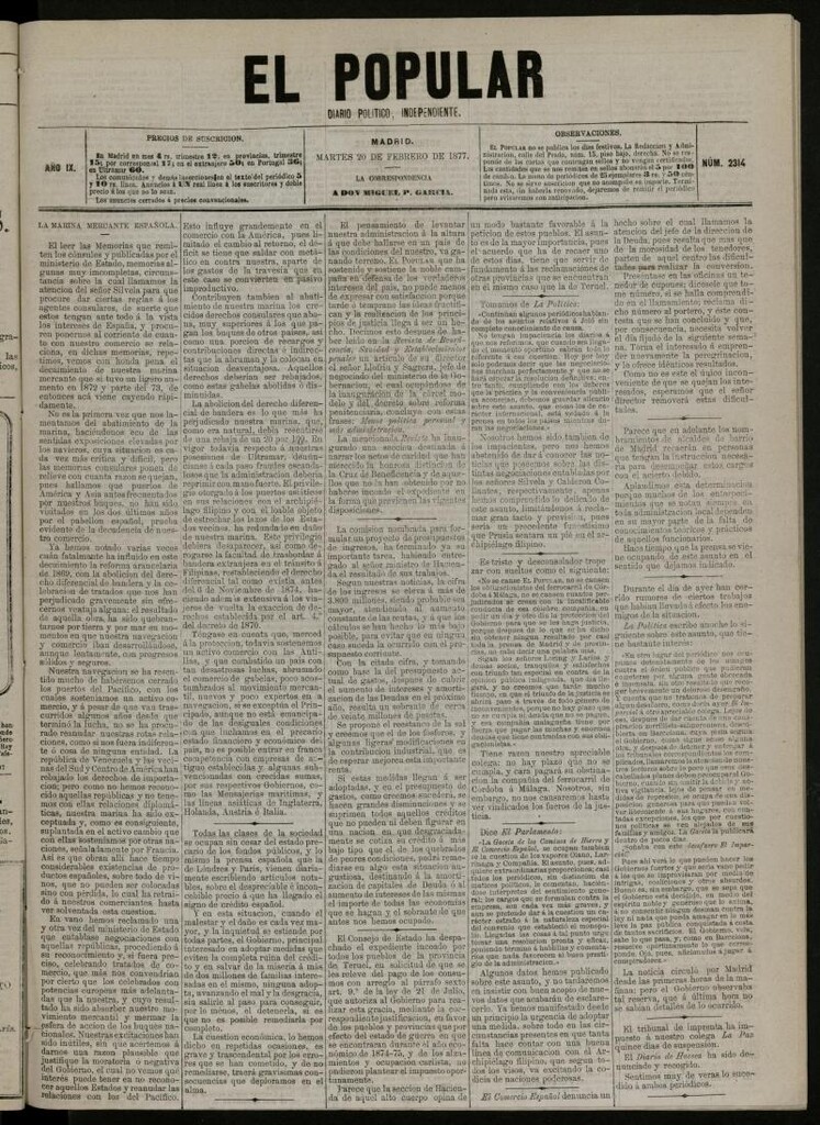 Miniatura de El Popular: diario independiente, político, literario y de noticias de interés general del 20 de febrero de 1877, nº 2314