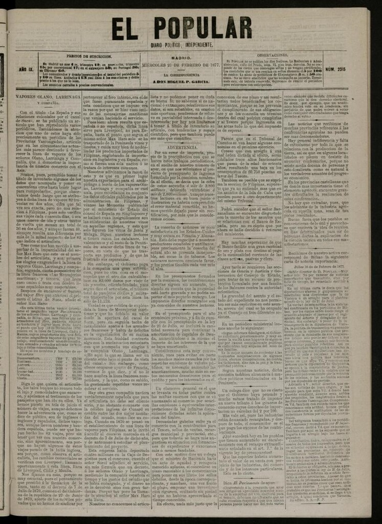 Miniatura de El Popular: diario independiente, político, literario y de noticias de interés general del 21 de febrero de 1877, nº 2315