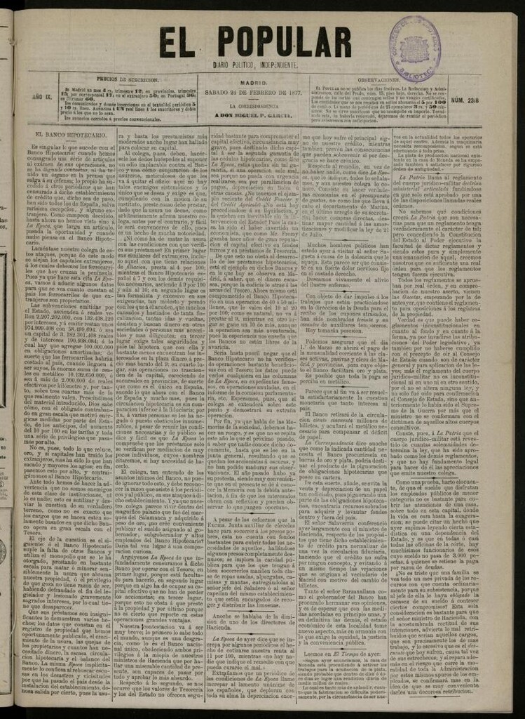 Miniatura de El Popular: diario independiente, político, literario y de noticias de interés general del 24 de febrero de 1877, nº 2318
