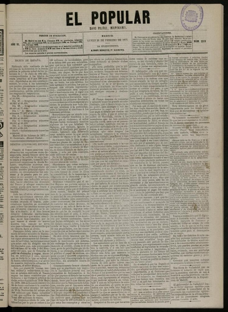 Miniatura de El Popular: diario independiente, político, literario y de noticias de interés general del 26 de febrero de 1877, nº 2319