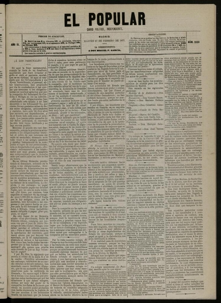 Miniatura de El Popular: diario independiente, político, literario y de noticias de interés general del 27 de febrero de 1877, nº 2320