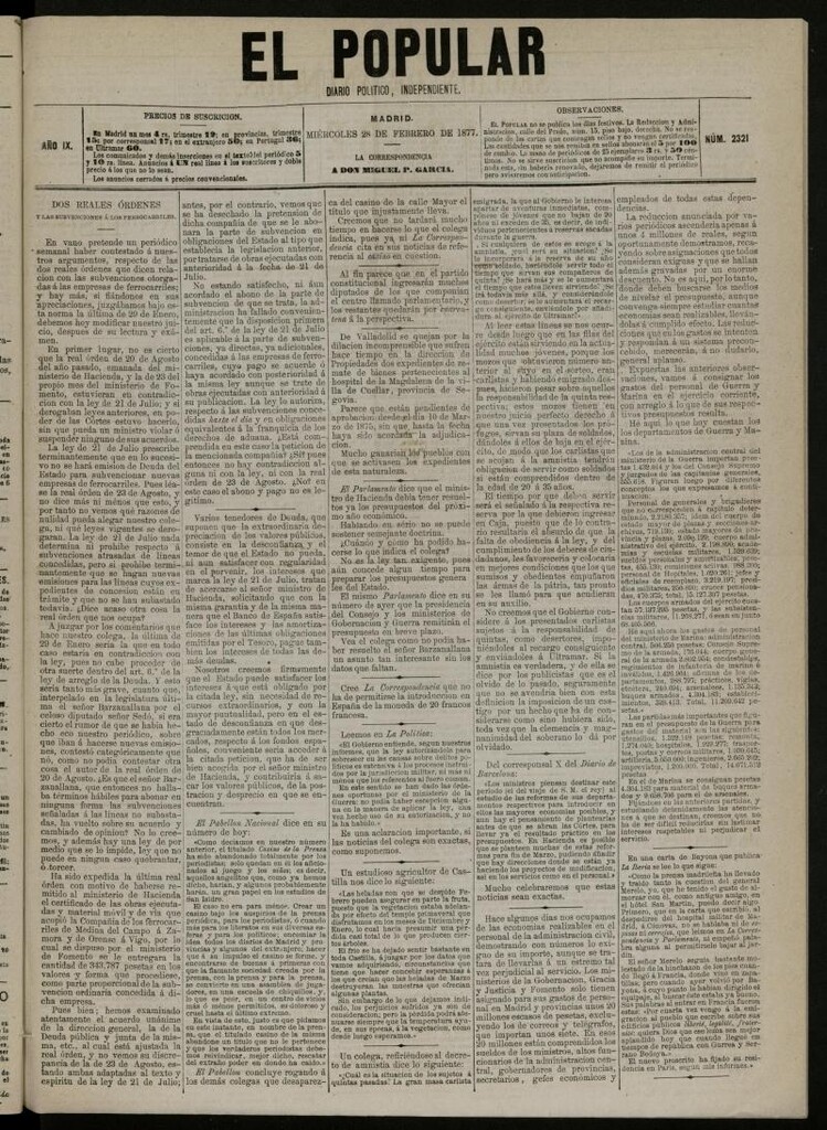 Miniatura de El Popular: diario independiente, político, literario y de noticias de interés general del 28 de febrero de 1877, nº 2321