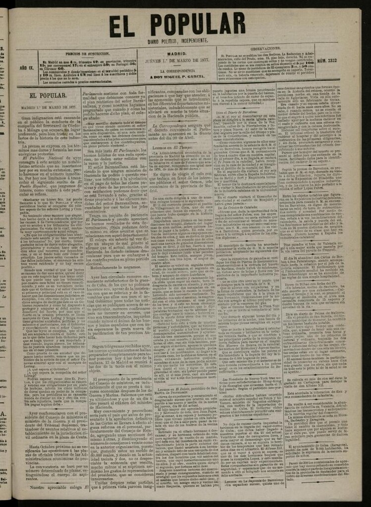 Miniatura de El Popular: diario independiente, político, literario y de noticias de interés general del 1 de marzo de 1877, nº 2322