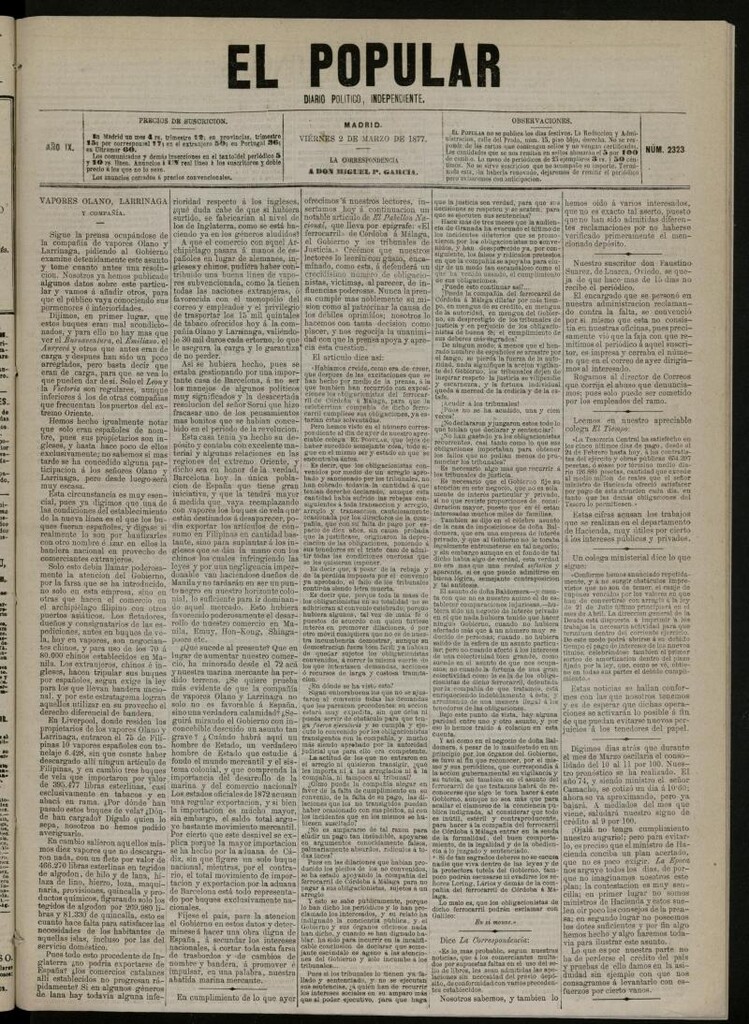 Miniatura de El Popular: diario independiente, político, literario y de noticias de interés general del 2 de marzo de 1877, nº 2323