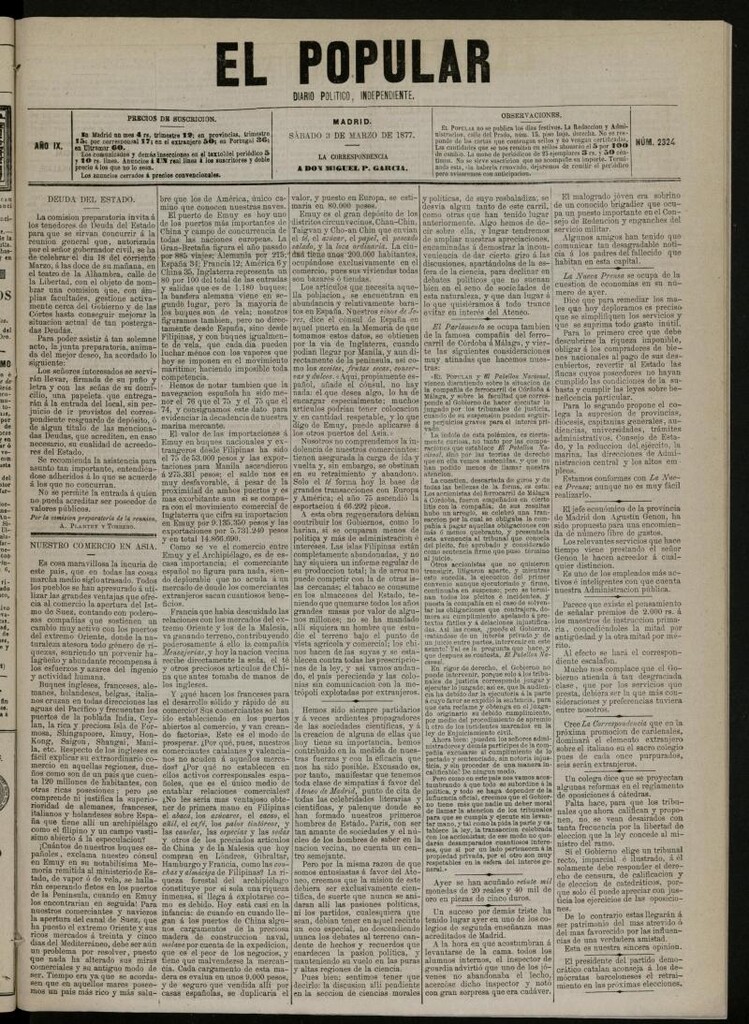 Miniatura de El Popular: diario independiente, político, literario y de noticias de interés general del 3 de marzo de 1877, nº 2324