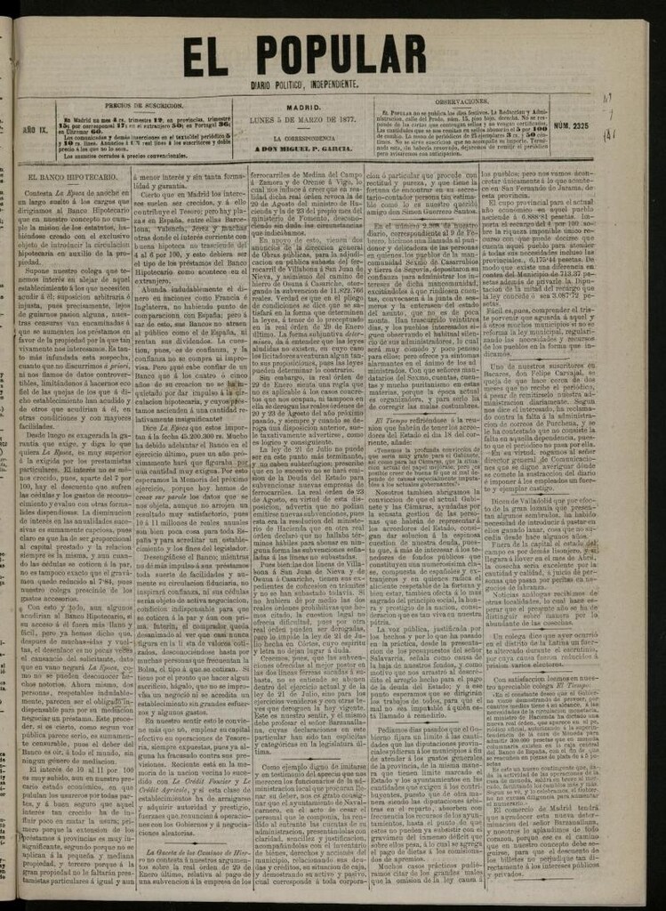 Miniatura de El Popular: diario independiente, político, literario y de noticias de interés general del 5 de marzo de 1877, nº 2325