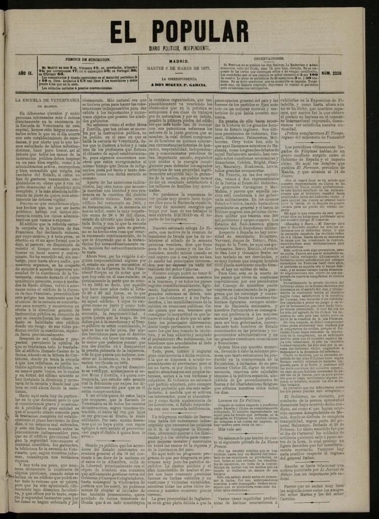 Miniatura de El Popular: diario independiente, político, literario y de noticias de interés general del 6 de marzo de 1877, nº 2326