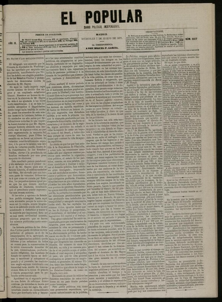 Miniatura de El Popular: diario independiente, político, literario y de noticias de interés general del 7 de marzo de 1877, nº 2327
