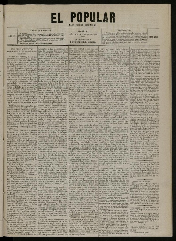 Miniatura de El Popular: diario independiente, político, literario y de noticias de interés general del 8 de marzo de 1877, nº 2328