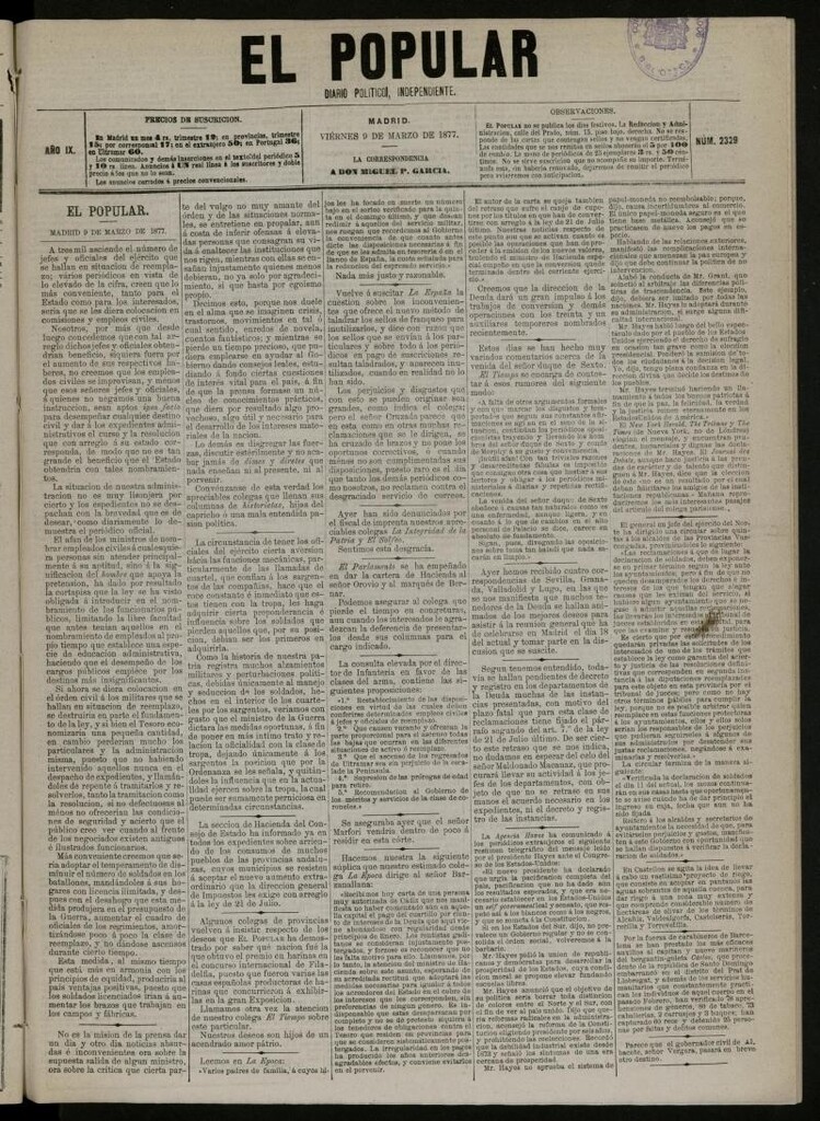 Miniatura de El Popular: diario independiente, político, literario y de noticias de interés general del 9 de marzo de 1877, nº 2329