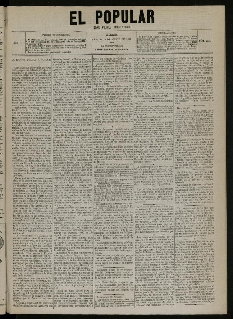 Miniatura de El Popular: diario independiente, político, literario y de noticias de interés general del 10 de marzo de 1877, nº 2330