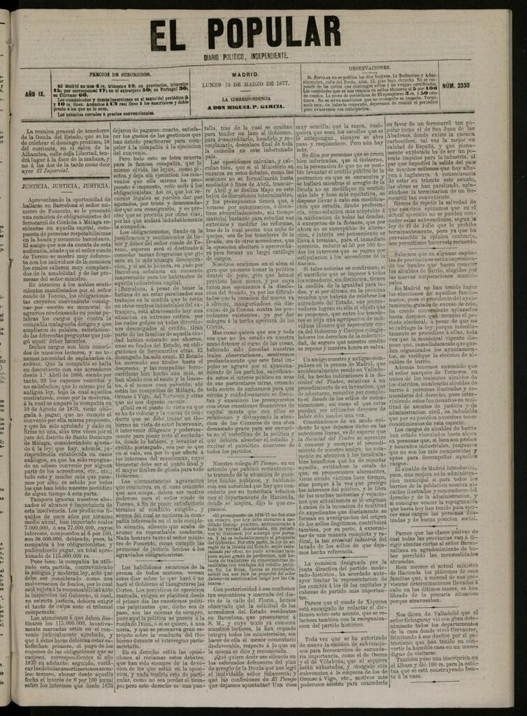 Miniatura de El Popular: diario independiente, político, literario y de noticias de interés general del 12 de marzo de 1877, nº 2330 [sic]