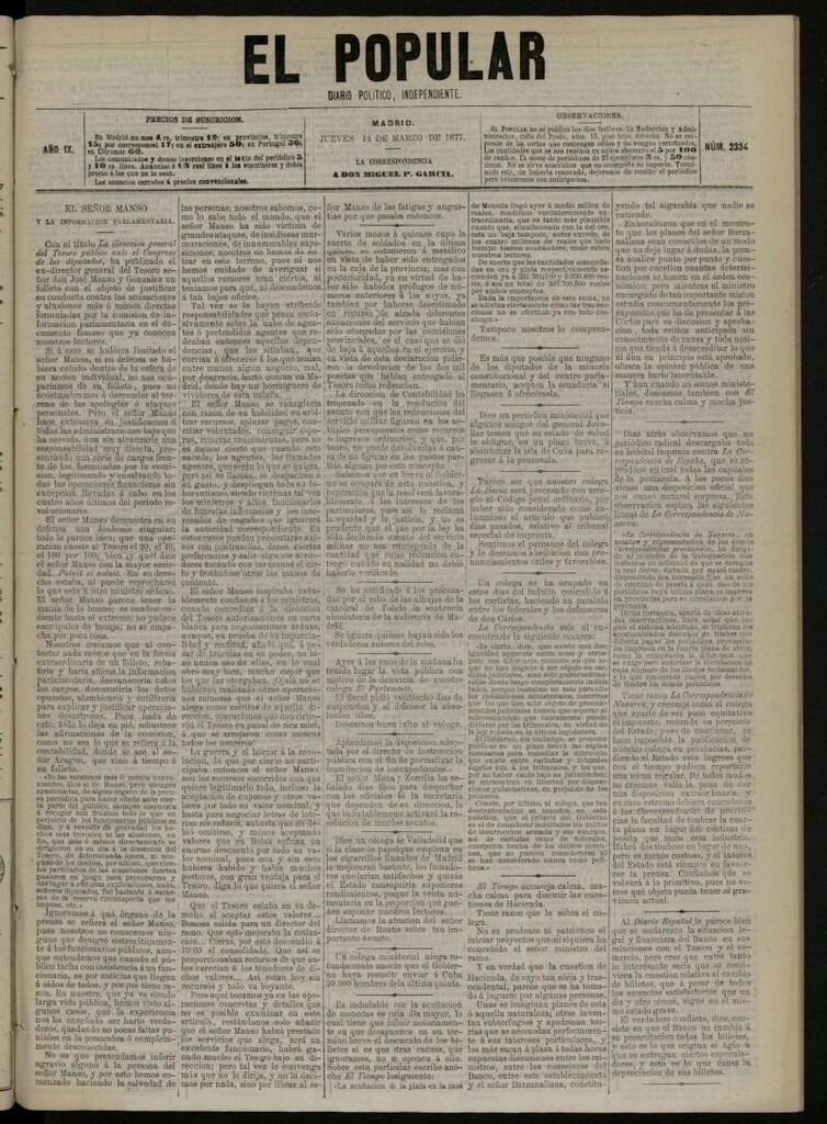 Miniatura de El Popular: diario independiente, político, literario y de noticias de interés general del 14 de marzo de 1877, nº 2334