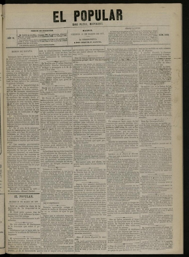 Miniatura de El Popular: diario independiente, político, literario y de noticias de interés general del 16 de marzo de 1877, nº 2335