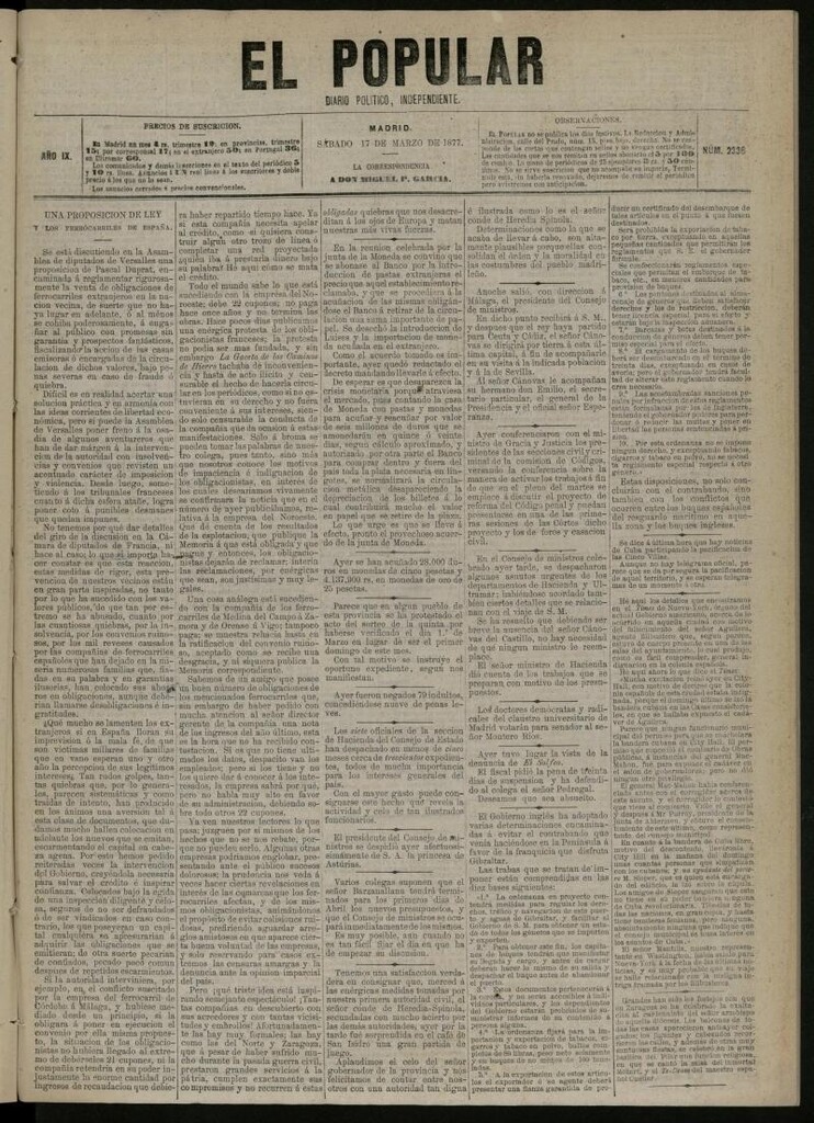Miniatura de El Popular: diario independiente, político, literario y de noticias de interés general del 17 de marzo de 1877, nº 2336