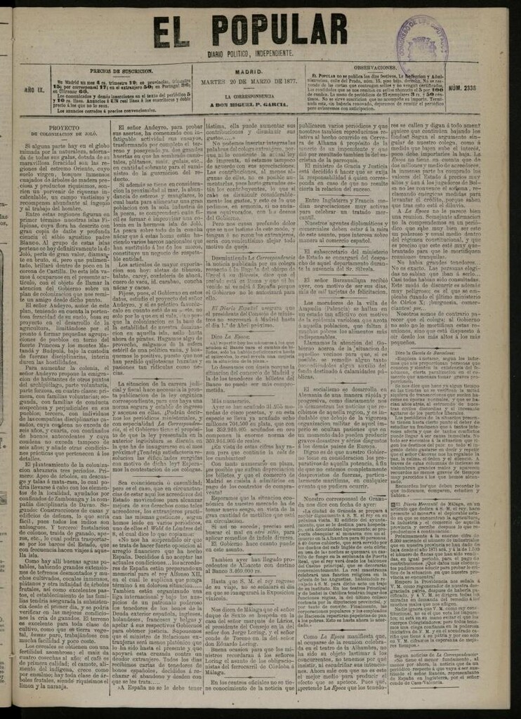 Miniatura de El Popular: diario independiente, político, literario y de noticias de interés general del 20 de marzo de 1877, nº 2338