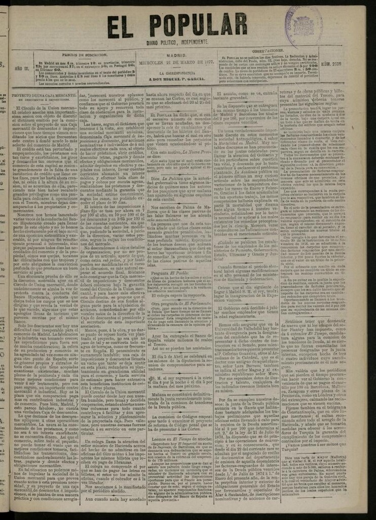Miniatura de El Popular: diario independiente, político, literario y de noticias de interés general del 21 de marzo de 1877, nº 2339