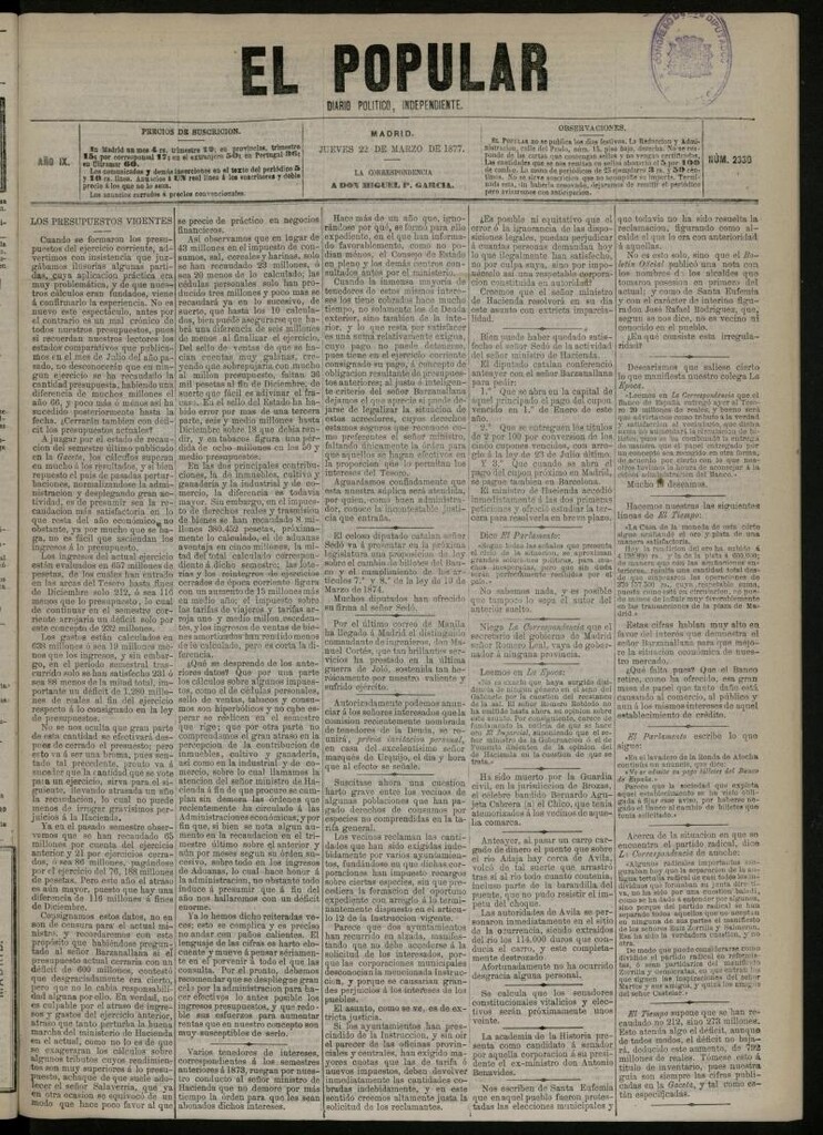 Miniatura de El Popular: diario independiente, político, literario y de noticias de interés general del 22 de marzo de 1877, nº 2330 [sic]