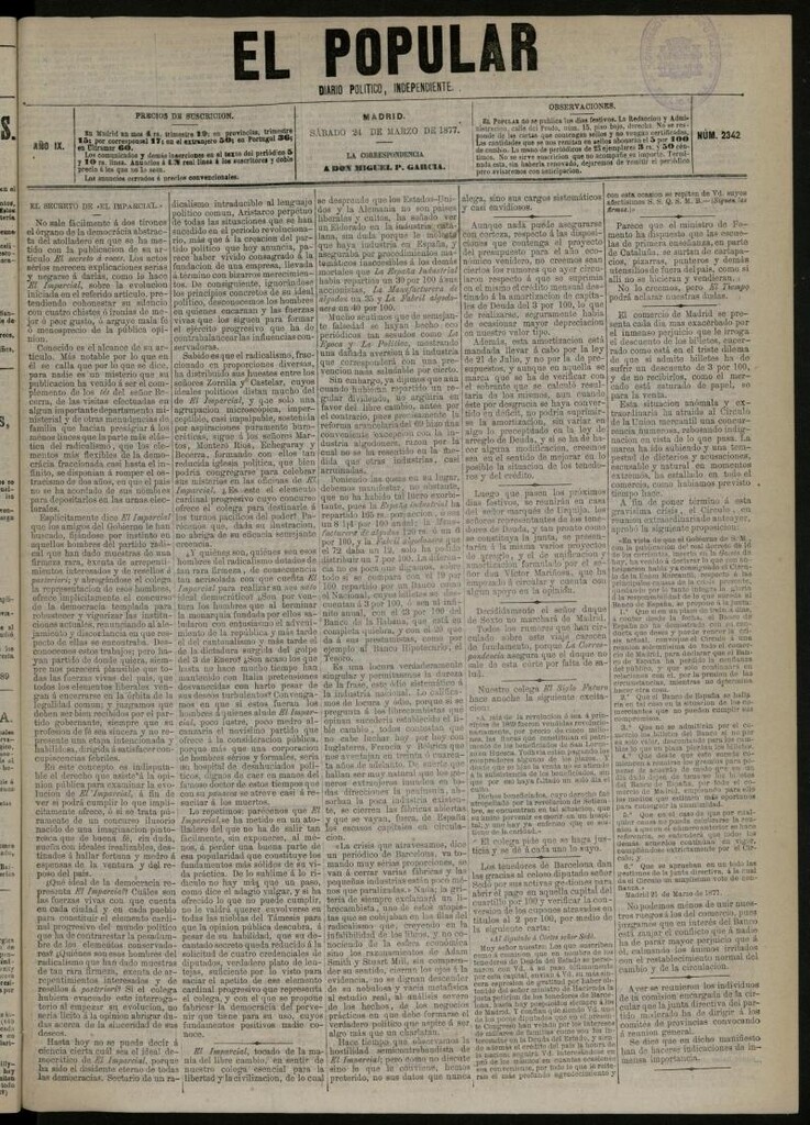 Miniatura de El Popular: diario independiente, político, literario y de noticias de interés general del 24 de marzo de 1877, nº 2342