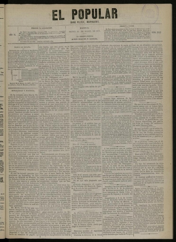 Miniatura de El Popular: diario independiente, político, literario y de noticias de interés general del 26 de marzo de 1877, nº 2342 [sic]