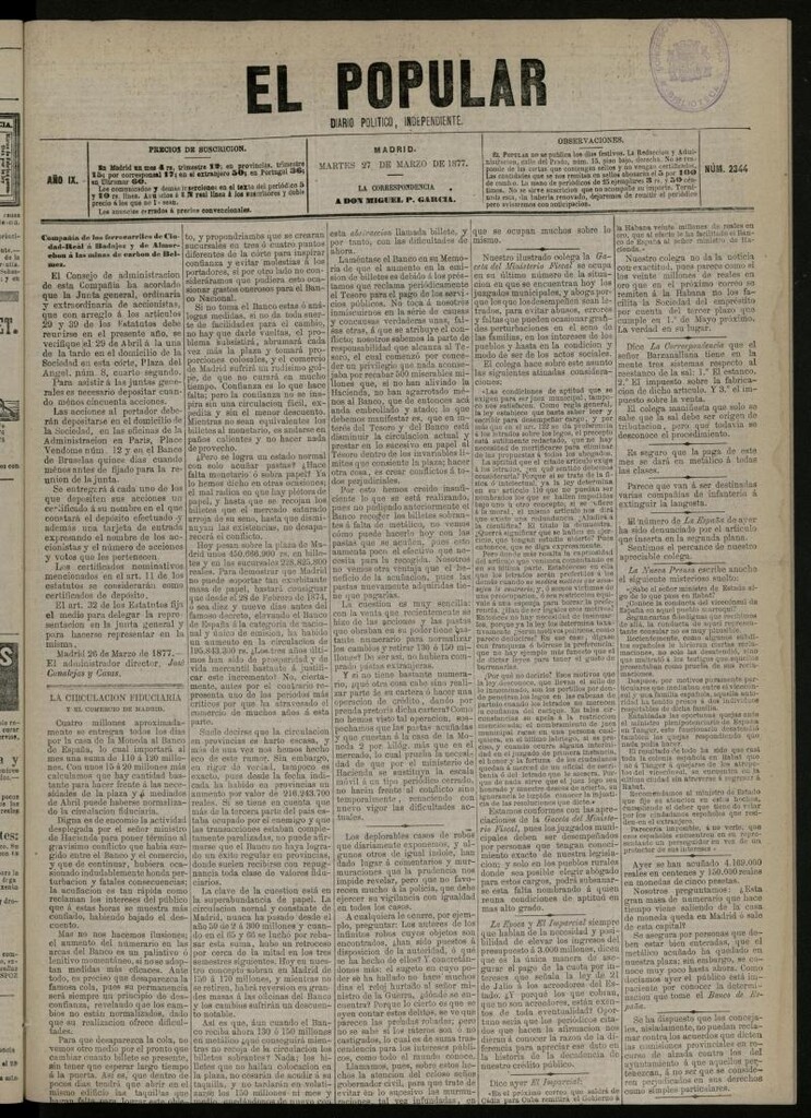 Miniatura de El Popular: diario independiente, político, literario y de noticias de interés general del 27 de marzo de 1877, nº 2344