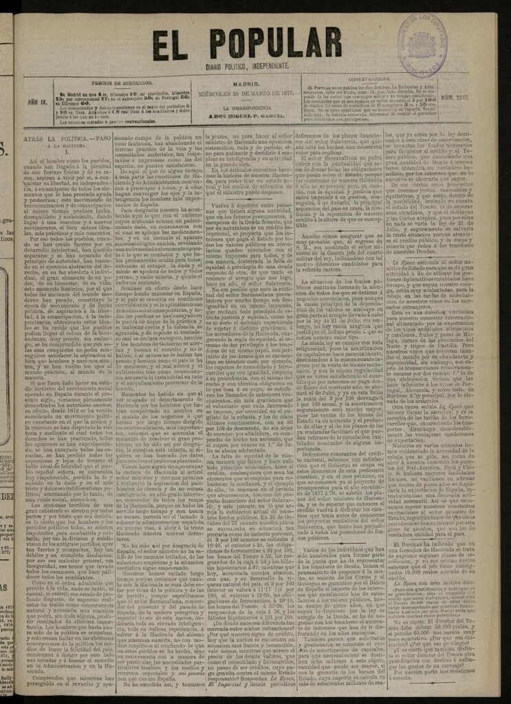 Miniatura de El Popular: diario independiente, político, literario y de noticias de interés general del 28 de marzo de 1877, nº 2345