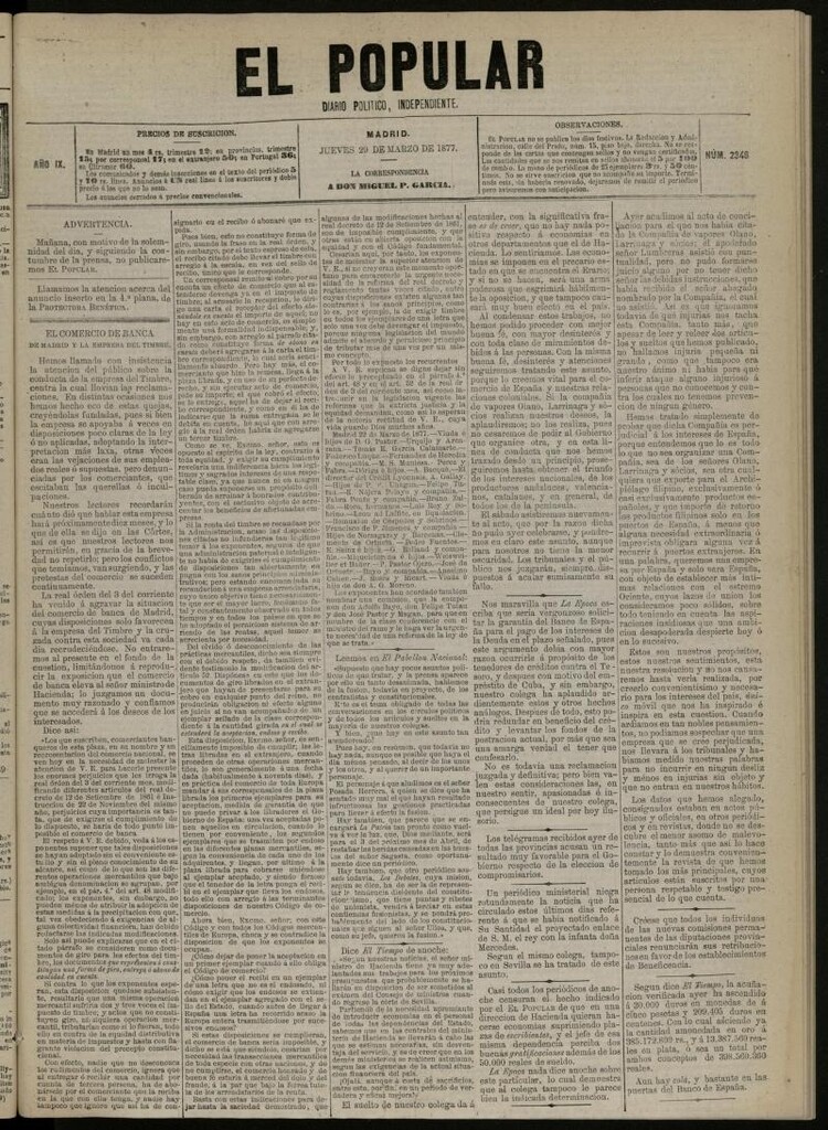 Miniatura de El Popular: diario independiente, político, literario y de noticias de interés general del 29 de marzo de 1877, nº 2346